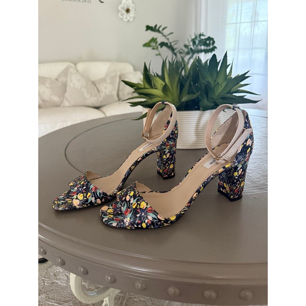 LK Bennett Helena Leather Open Toe Navy Multi Floral Print Heels 38.5 US 8